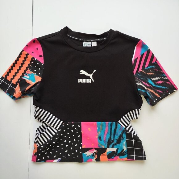 Retro Cropped Baby Tee PUMA Cut Out Colorful Patchwork Y2K Top  Women Size Small - Picture 1 of 8